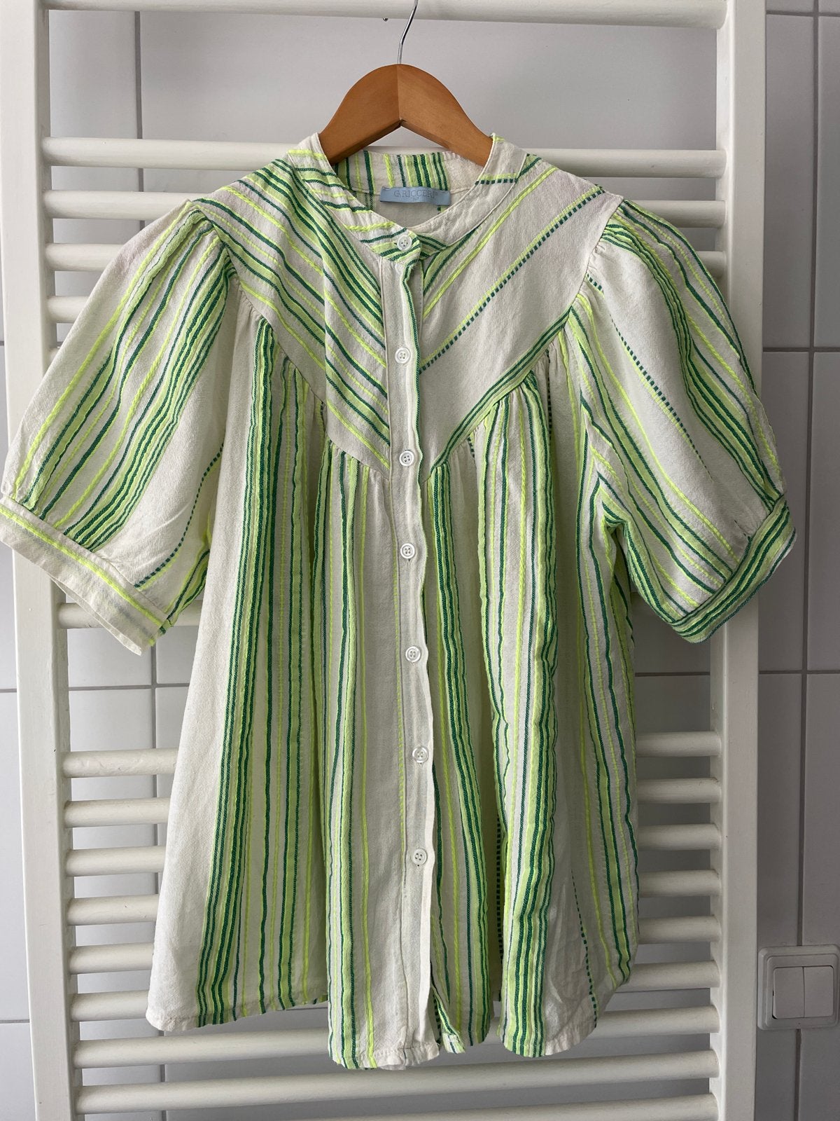 Linnen blouse off-white met neon strepen - G. Ricceri, Ophalen of Verzenden, Gedragen, Maat 42/44 (L), Meerkleurig