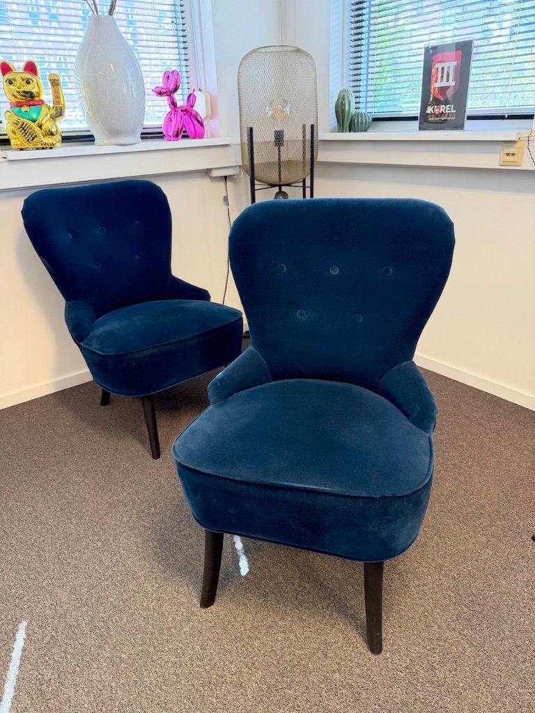 IKEA REMSTA Fauteuils twee stuks blauw fluweel, Ophalen, Minder dan 75 cm, Modern en toch klassiek, Zo goed als nieuw