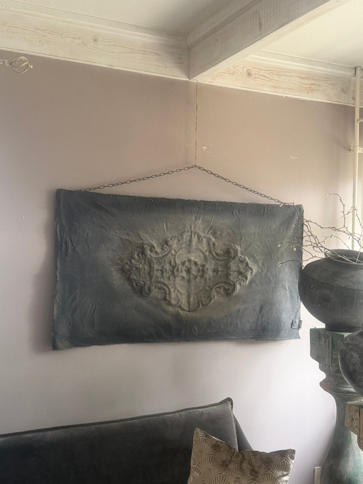 Prachtige Kalkdoek Meidenmuts 1.35m breed, incl. ketting, Ophalen, Overige stijlen, Zo goed als nieuw, Grijs