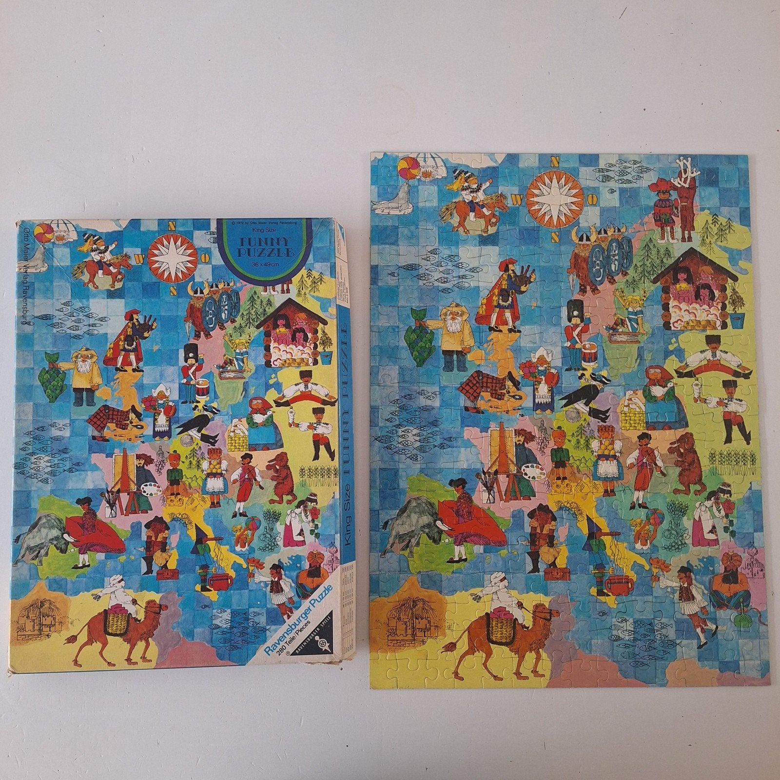 Funny puzzle, vrolijke landkaart 1972, Ophalen of Verzenden, Minder dan 500 stukjes, Zo goed als nieuw, Legpuzzel