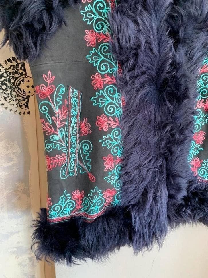 Vintage afghaanse waistcoat M bohemian embroidery gilet, Maat 38/40 (M), -, Blauw, -