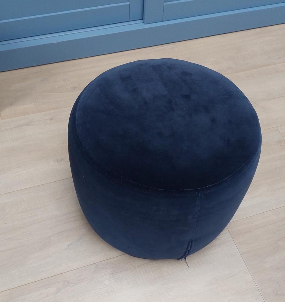 Donkerblauwe stoffen poef - Comfortabel en stijlvol, Ophalen, Minder dan 50 cm, Rond, Minder dan 50 cm