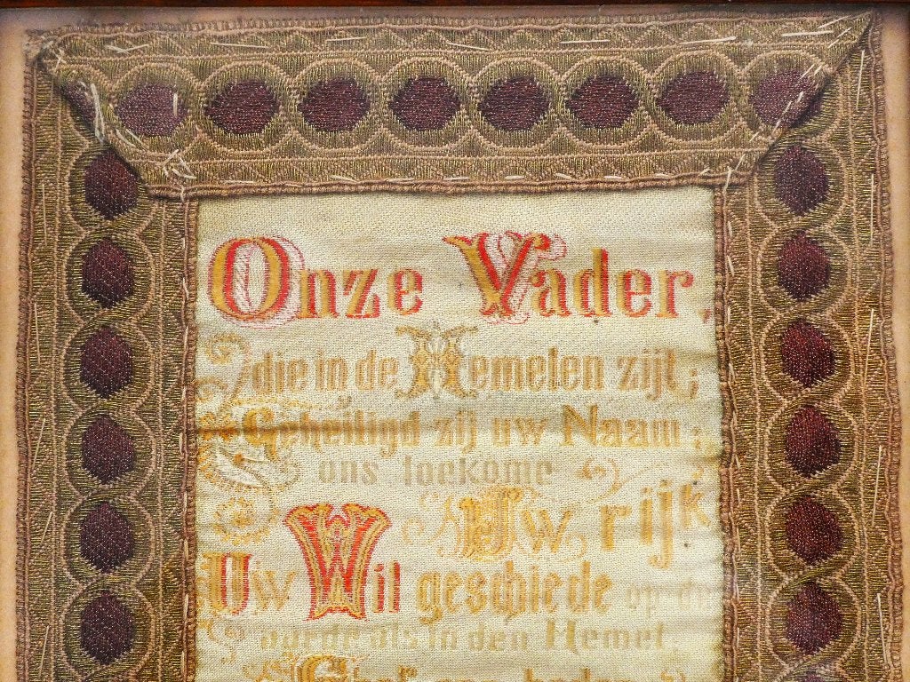 Antiek Onze Vader borduurwerk brocaat lint en gouddraad 1850, Ophalen of Verzenden
