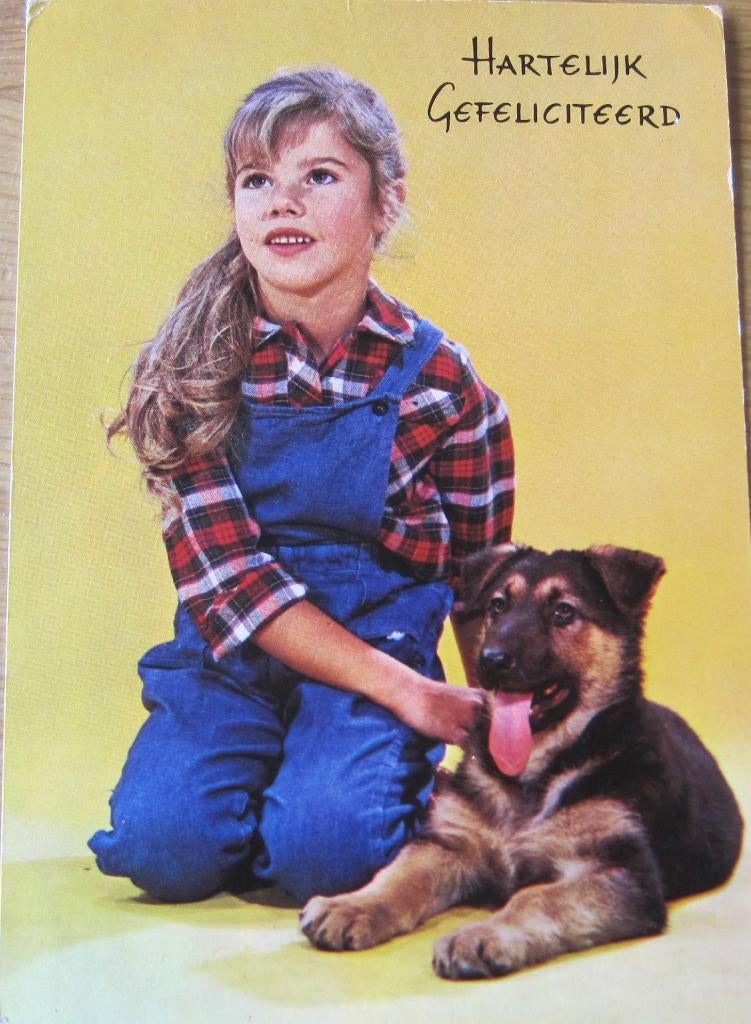 hartelijk gefeliciteerd - meisje met jonge herder - 1975, Verzenden, 1960 tot 1980, Gelopen, Kinderen