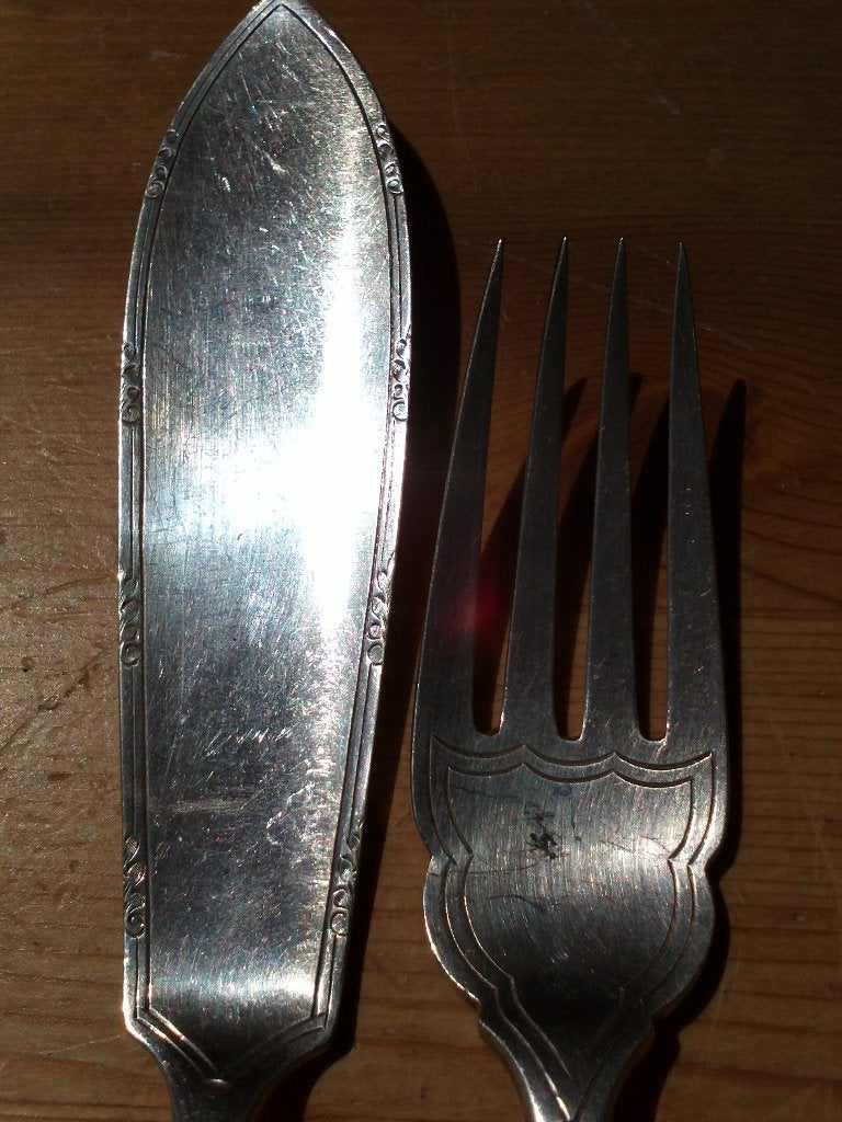 Vork en mes mooi antiek silverplate visbestek uit Engeland., Ophalen of Verzenden