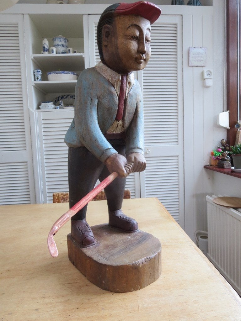 Apart houten beeld van golfer met stick 54 cm hoog, Handgemaakt, Scène, Beeld, Hout