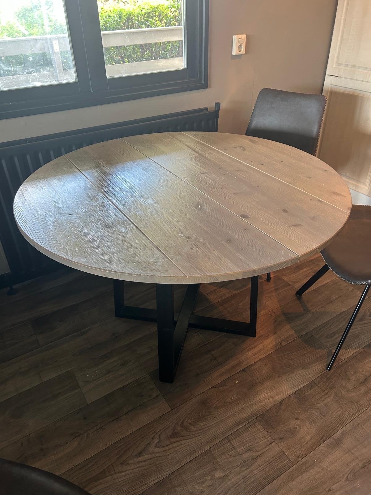 Ronde eettafel met houten blad en metalen onderstel, Huis en Inrichting, Tafels | Eettafels, 100 tot 150 cm, Rond, Ophalen of Verzenden