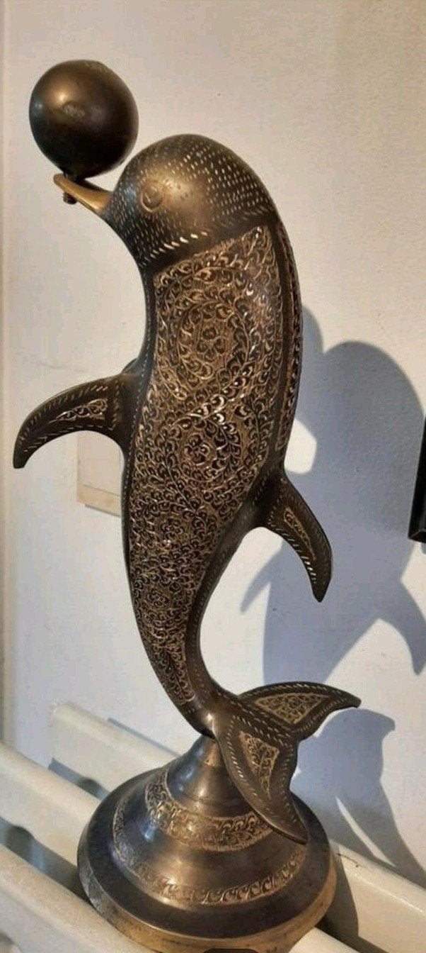 Vintage Bronzen, messing Dolfijn Beeld - Gedetailleerd, Ophalen of Verzenden