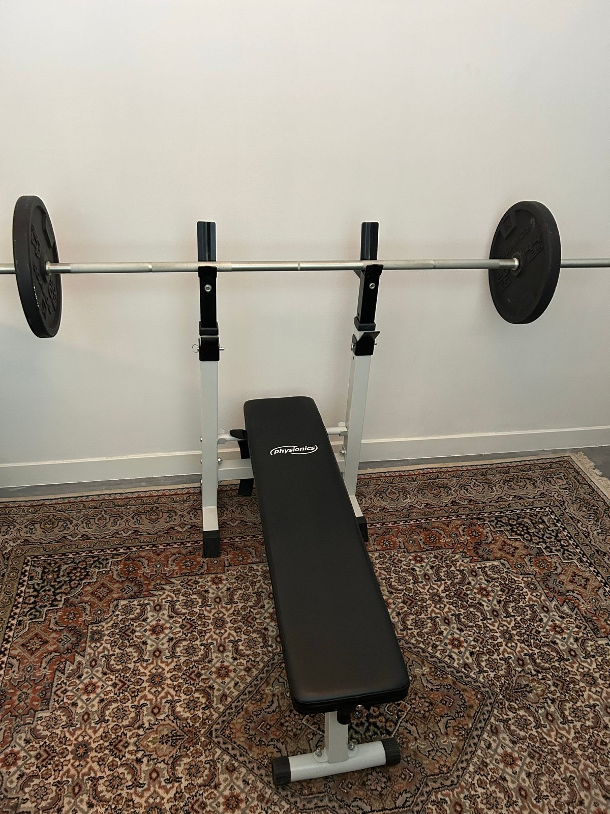 Halterbank met halterstang en gewichten, Ophalen of Verzenden, Gebruikt, Borst, Fitnessbank