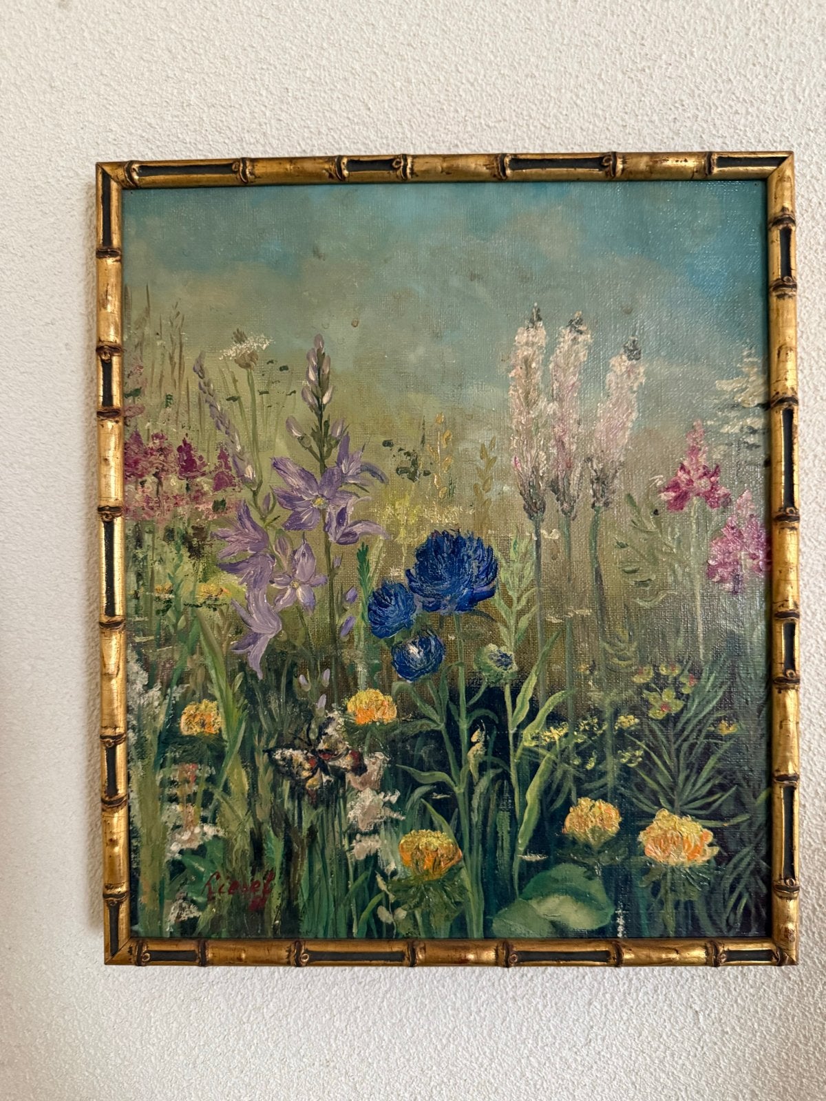 Schilderij: Kleurrijk Bloemenveld met Vlinder, gesigneerd, Bloemen, Doek, Realistisch, Ophalen of Verzenden
