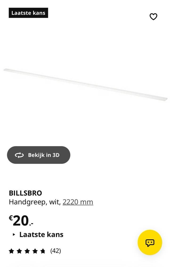 IKEA BILLSBRO handgreep wit 222 cm (2 stuks), Ophalen, Nieuw, Overige typen