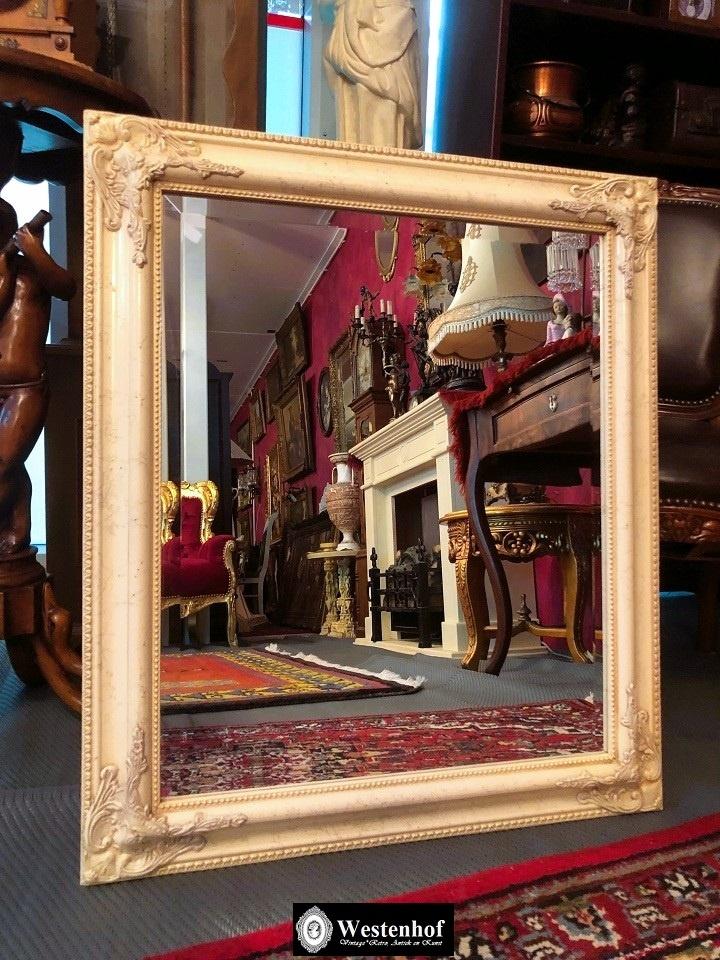 Brocante spiegel klassiek vintage - rechthoek - wit / crème, Gebruikt, Ophalen of Verzenden, Minder dan 100 cm, Rechthoekig