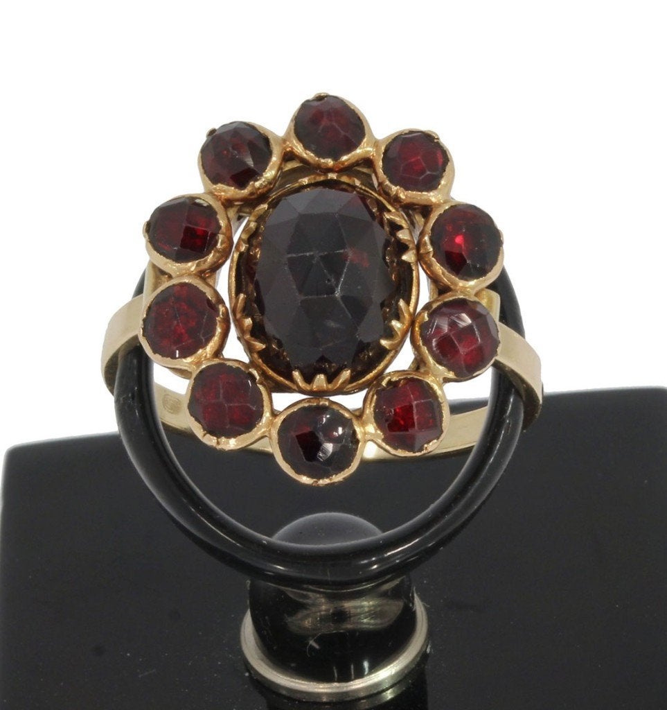 Granaten antieke 14k gouden dames ring entourage 19e eeuws, Sieraden, Tassen en Uiterlijk, Antieke sieraden, Verzenden, Goud, Ring