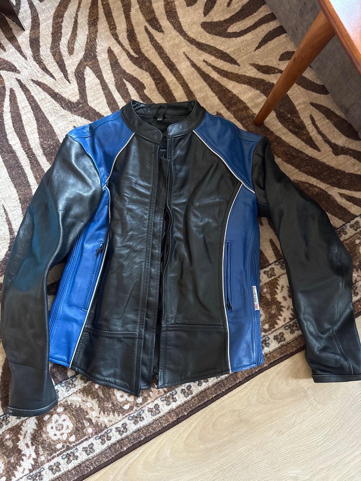 Vintage Leren Motorjas - Zwart/Blauw met 3M Scotchlite, Ophalen, Tweedehands, Heren, Jas | leer