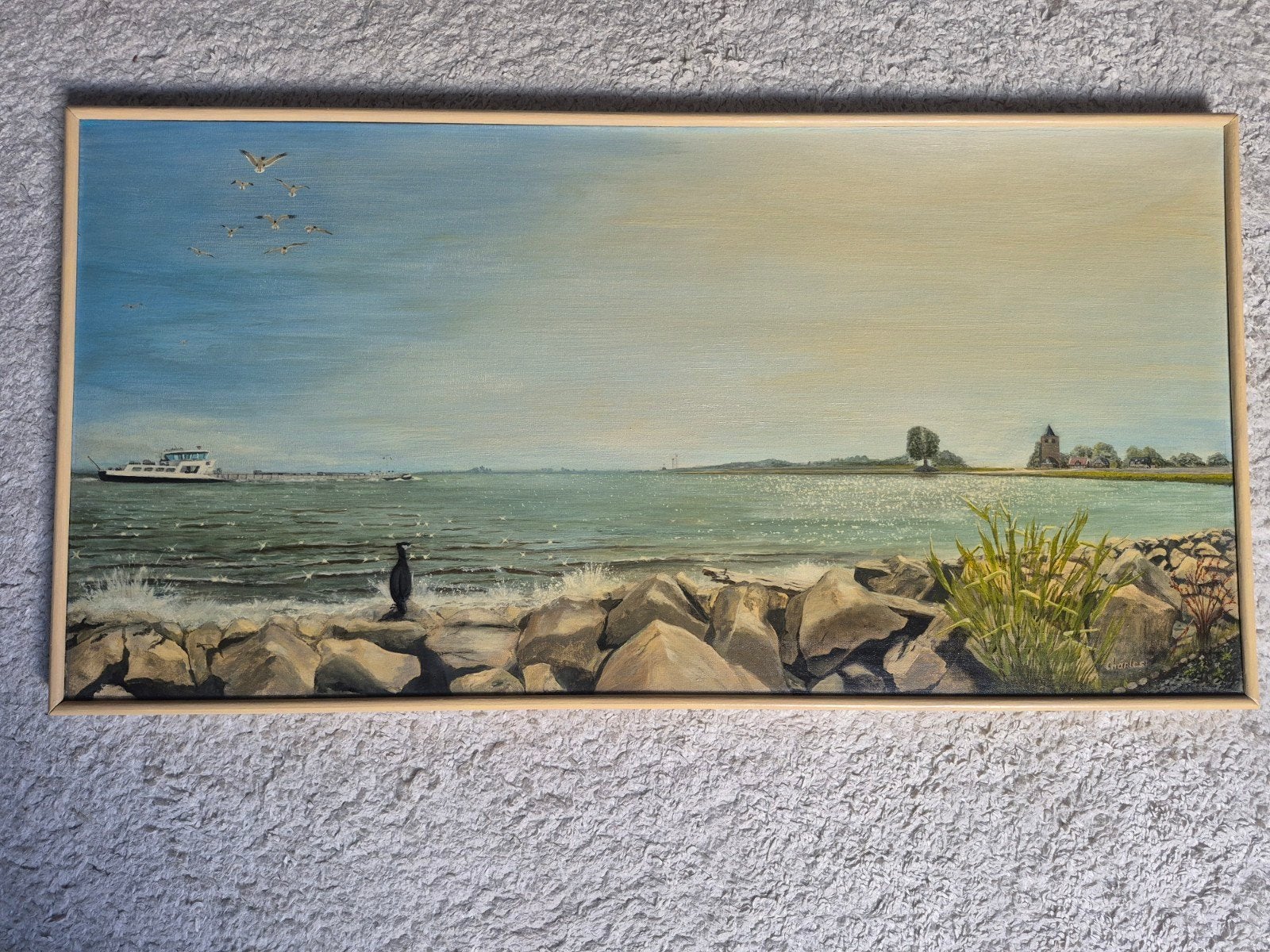 Schilderij 'gezicht op de Waal Varik' door Charles, 1987, Ophalen of Verzenden