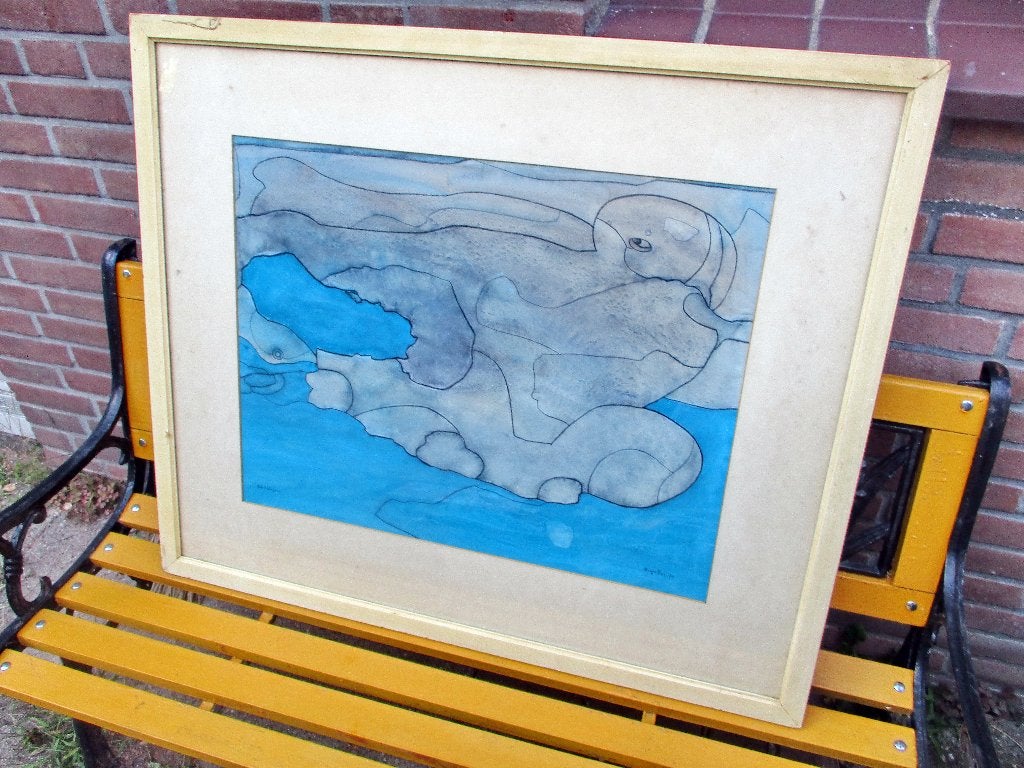 Groot schilderij Riek Schagen Bergen aan Zee Roland Holst, Abstract, Papier/karton, Ophalen of Verzenden, Achter glas