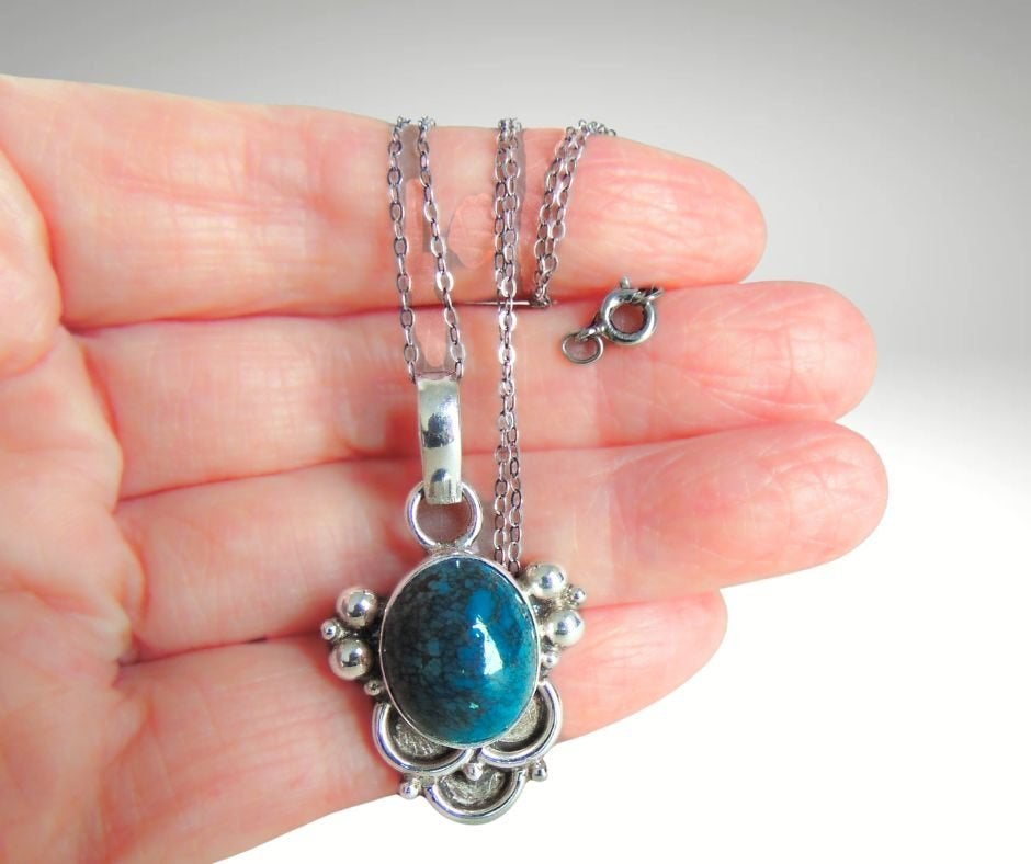 Mooie grote 925 zilveren CHRYSOCOLLA hanger met ketting!