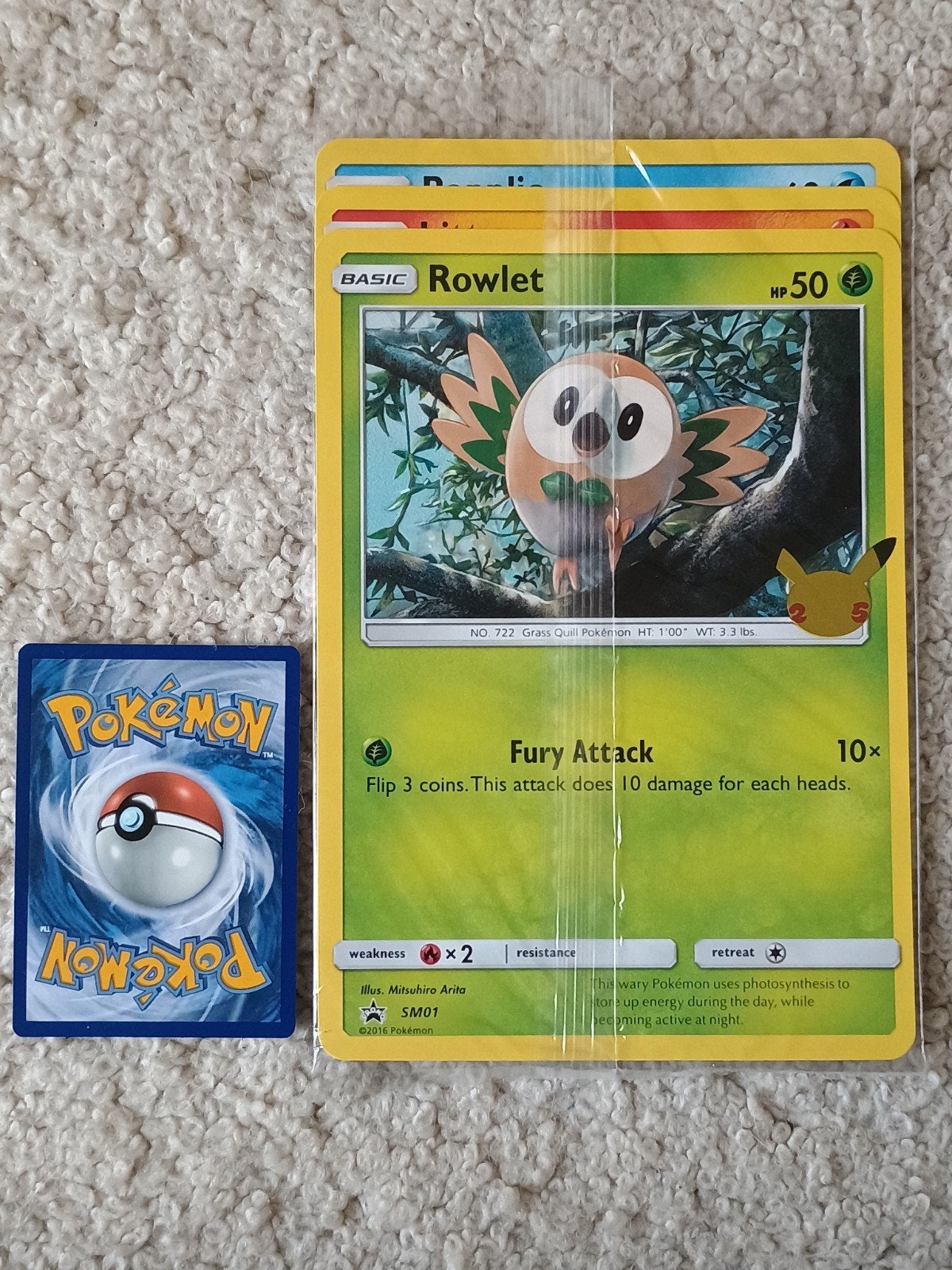 Rowlet sm01, litten sm02 & popplio sm03 celebrations stamped, Ophalen of Verzenden, Nieuw, Meerdere kaarten, Foil