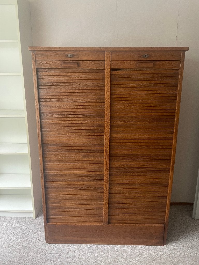 Antiek rolluikbureau / secretaire van eikenhout, Ophalen, Met lades, Gebruikt, Hout