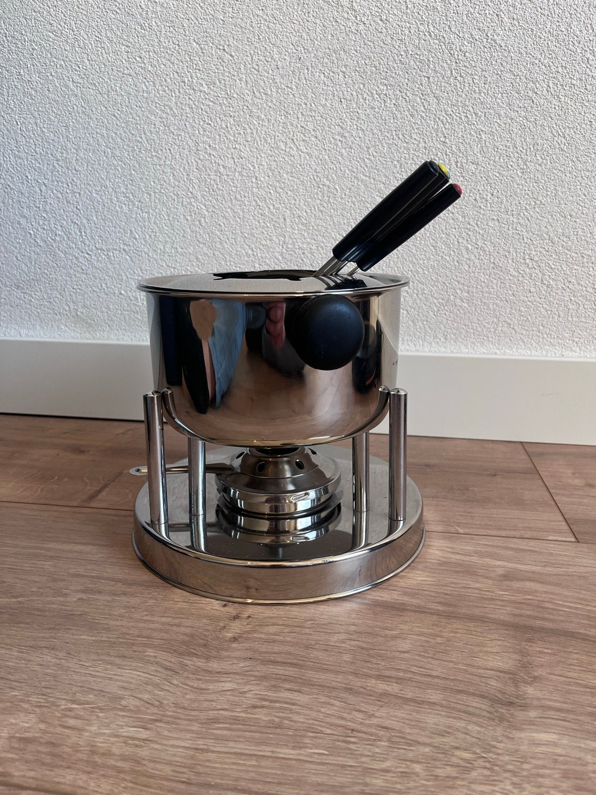 RVS Fonduepan met Rechaud en Vorkjes, Zilver, Ophalen of Verzenden, Metaal, Overige typen