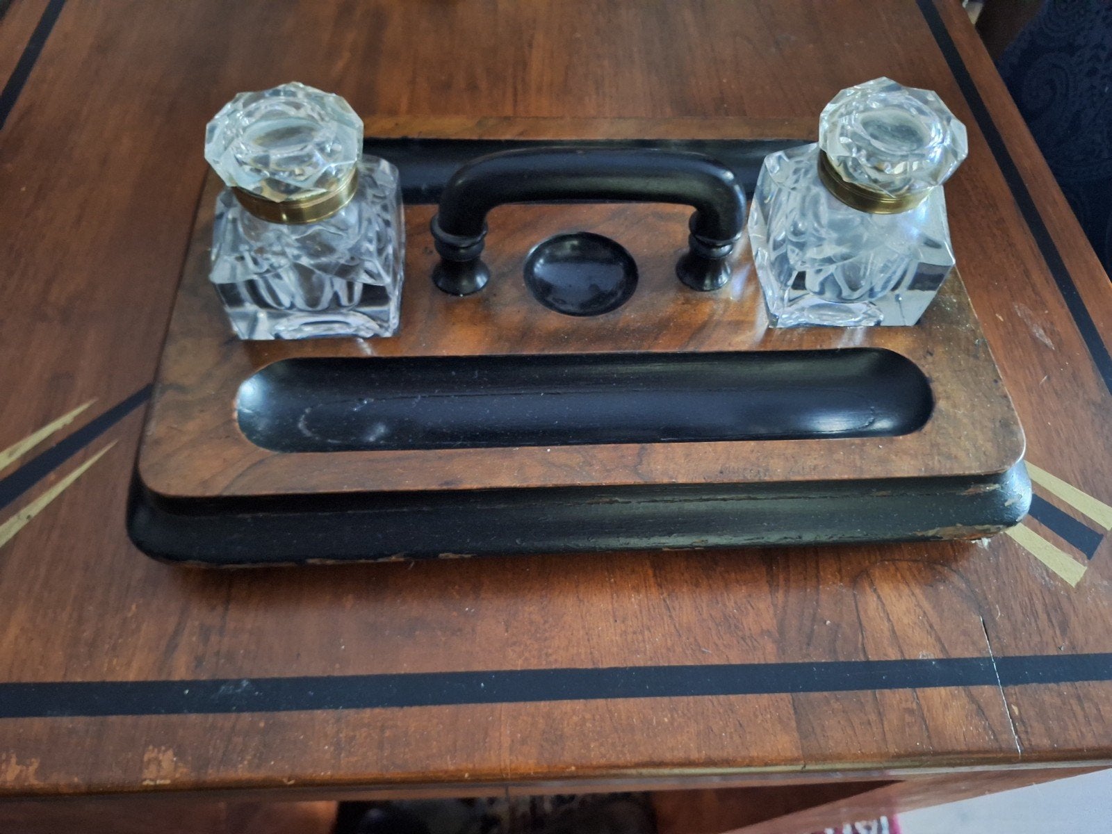 Antieke houten inktstel met kristallen inktpotten, Antiek en Kunst, Ophalen of Verzenden
