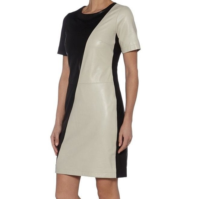 * ARMA Zwart / Beige Lams Leren Jurk * Mt. M / 40 * ZGAN *, Maat 38/40 (M), Ophalen of Verzenden, Zo goed als nieuw, Knielengte