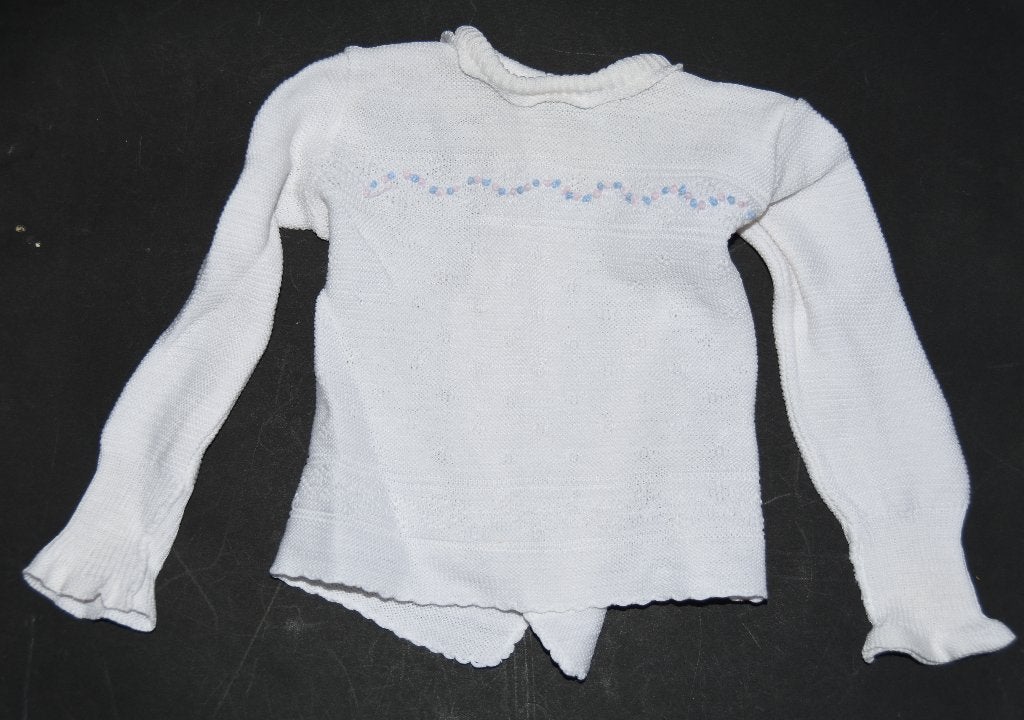 Lief baby overslag truitje met blauw-roze rand vestje 60s, Antiek en Kunst, Verzenden, Kinderen