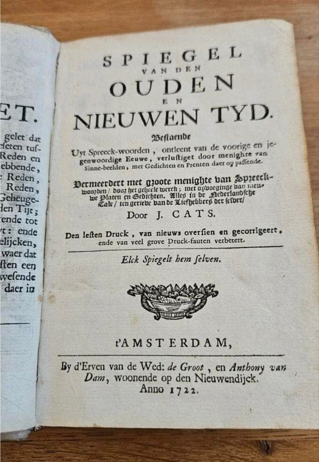 Spiegel van den Ouden en Nieuwen Tijd - Jacob Cats (1722), Antiek en Kunst, Ophalen of Verzenden, Jacob Cats