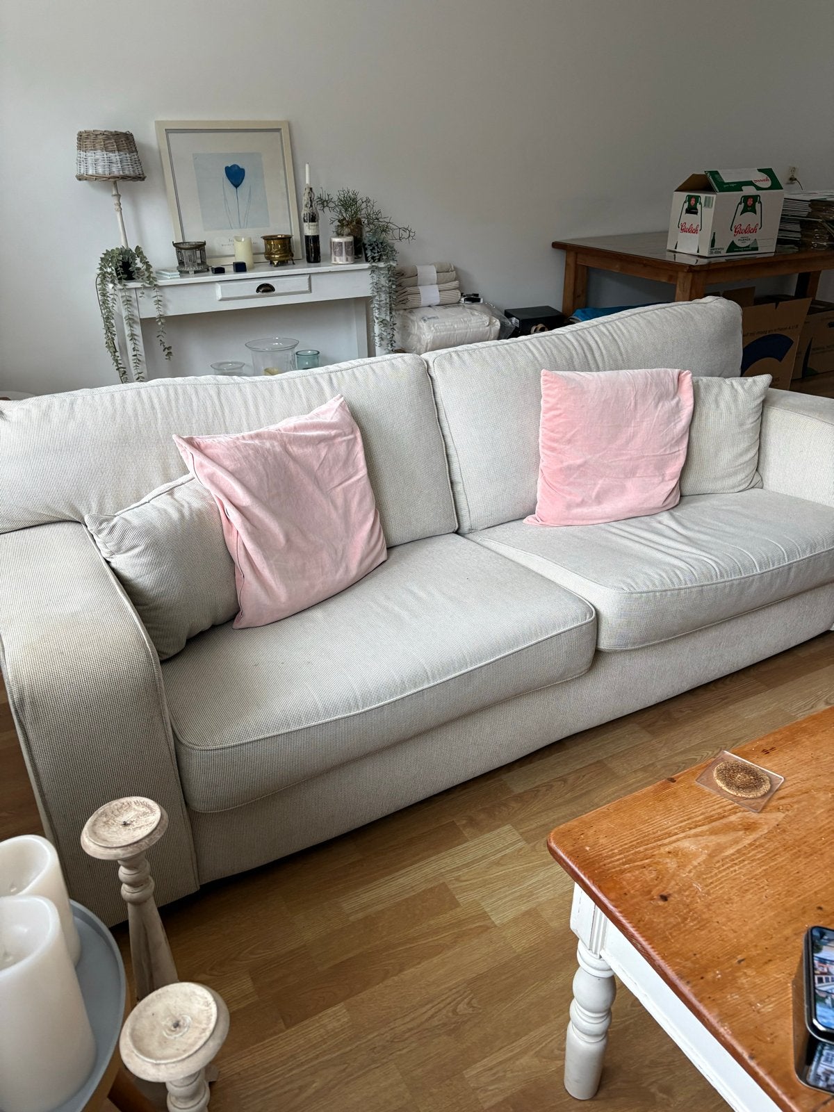 Comfortabele 3-zits bank, lichtbeige stof, Ophalen, Gebruikt, Driepersoons, 75 tot 100 cm