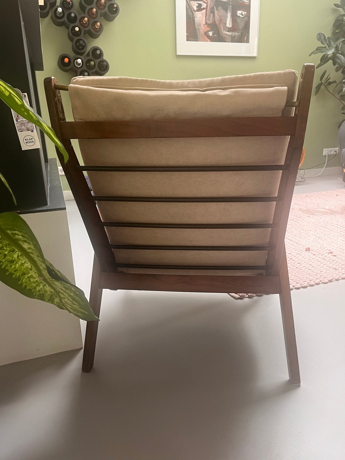 Vintage houten fauteuil Rob Parry met beige bekleding, Huis en Inrichting, Ophalen, Gebruikt, 75 tot 100 cm, 50 tot 75 cm