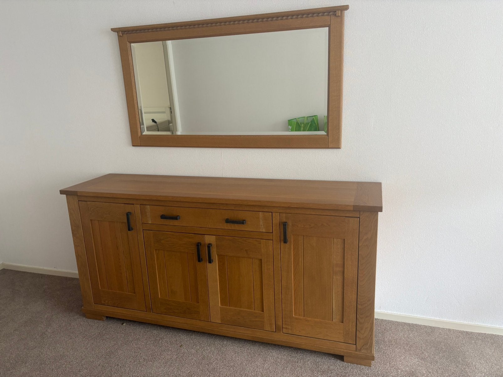 Prachtig eikenhouten dressoir met bijpassende spiegel, Huis en Inrichting, Ophalen, Met deur(en), 150 tot 200 cm, Eikenhout
