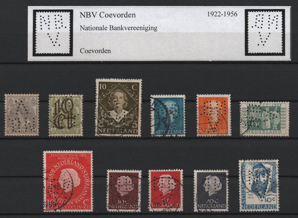 Perfins Nederland  - - - NB/V  Coevorden in  11  zegels, Postzegels en Munten, Verzenden, Gestempeld