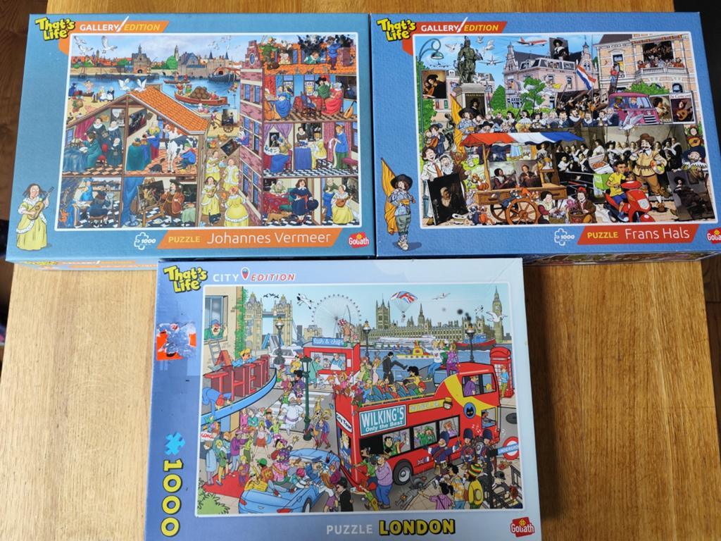 3 That's Life Puzzels: Vermeer, Frans Hals & London,1000 st, Ophalen of Verzenden, 500 t/m 1500 stukjes, Zo goed als nieuw, Legpuzzel