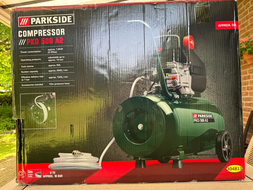Parkside Compressor PKO 500 A2 met diverse accessoires, Doe-het-zelf en Verbouw, Compressors, Ophalen, 6 tot 10 bar, Zo goed als nieuw