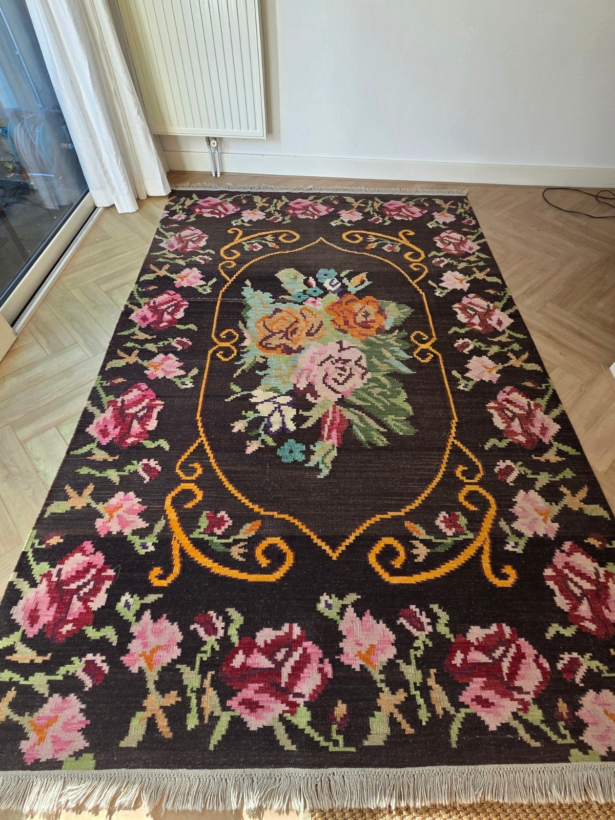Vintage handgeknoopt bloementapijt, Ophalen, Vintage, Klassiek, Bloemen, Handgeknoopt, Oranje, 150 tot 200 cm