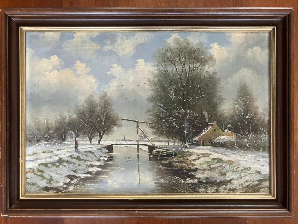 Mooi schilderij Hollands winterlandschap olieverf op doek, Ophalen of Verzenden