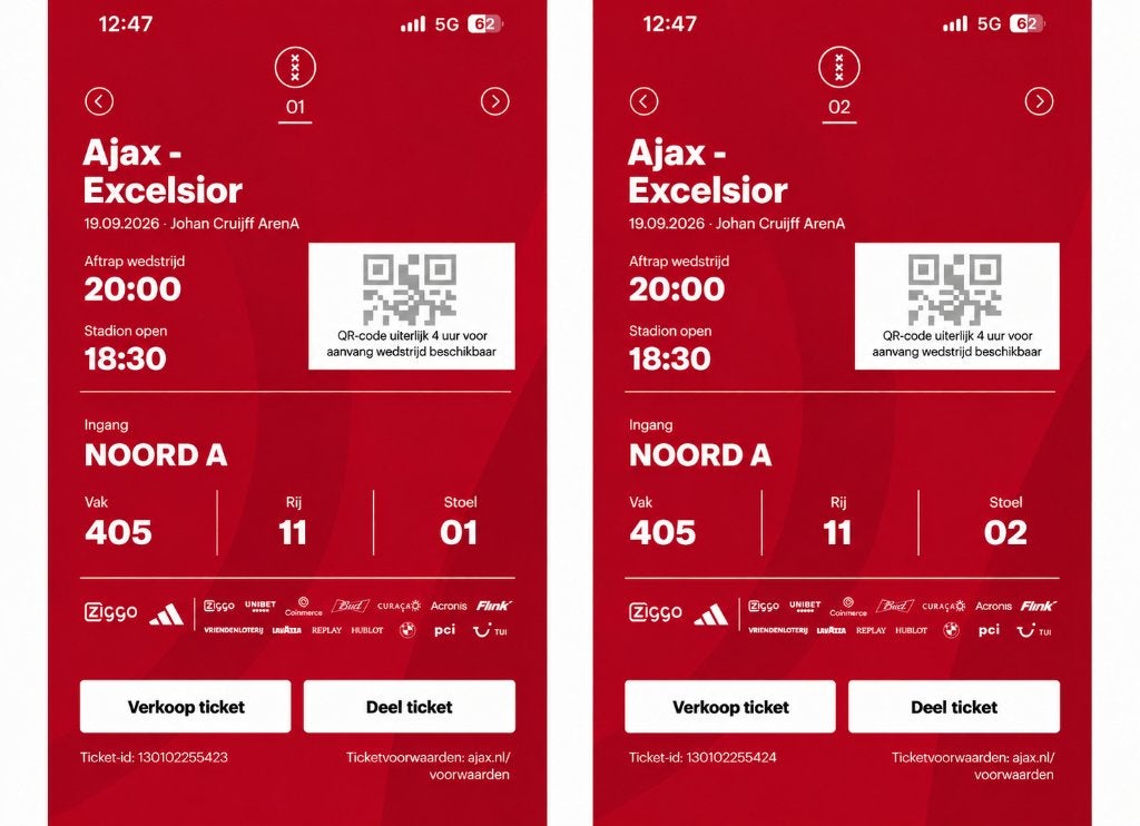Ajax - Excelsior, 2 kaarten vak 405, Maat XL, Ophalen of Verzenden, Nieuw, Overige typen