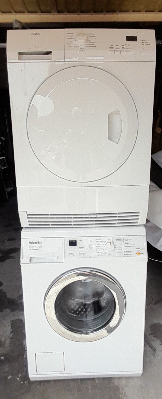 Miele W3203 Wasmachine en AEG Lavatherm 59800 Droger Set, Ophalen, 6 tot 8 kg, Zo goed als nieuw, 85 tot 90 cm