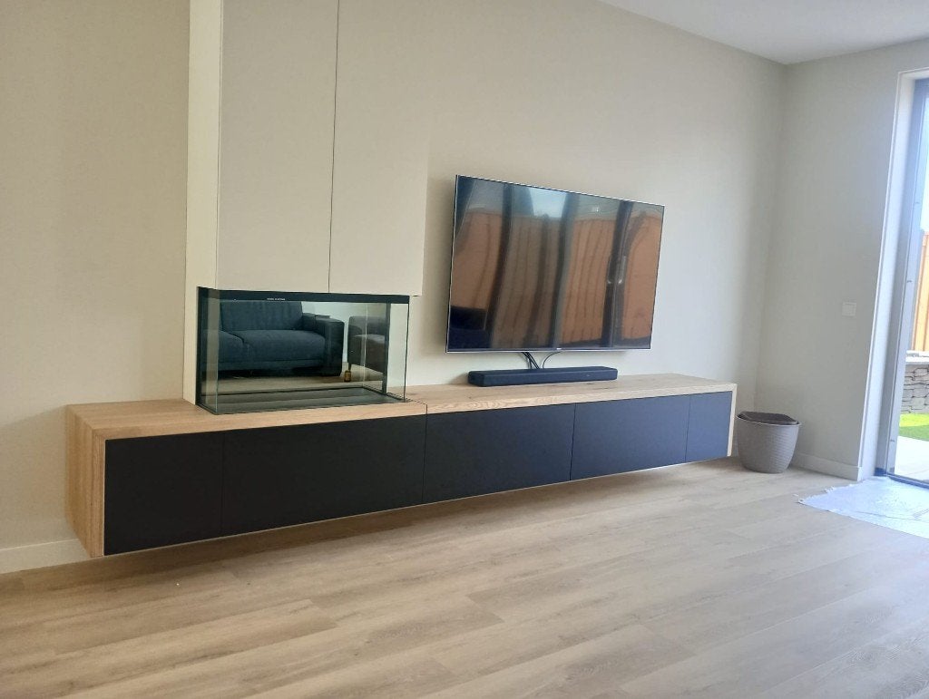 haardmeubel tv meubel met elektrische haard, Eikenhout, Nieuw, 200 cm of meer, 25 tot 50 cm