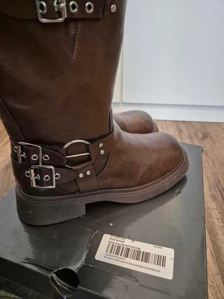Bruine leren laarzen met gespen - Maat 41, Kleding | Dames, Schoenen, Ophalen of Verzenden, Zo goed als nieuw, Bruin, Lage of Enkellaarzen