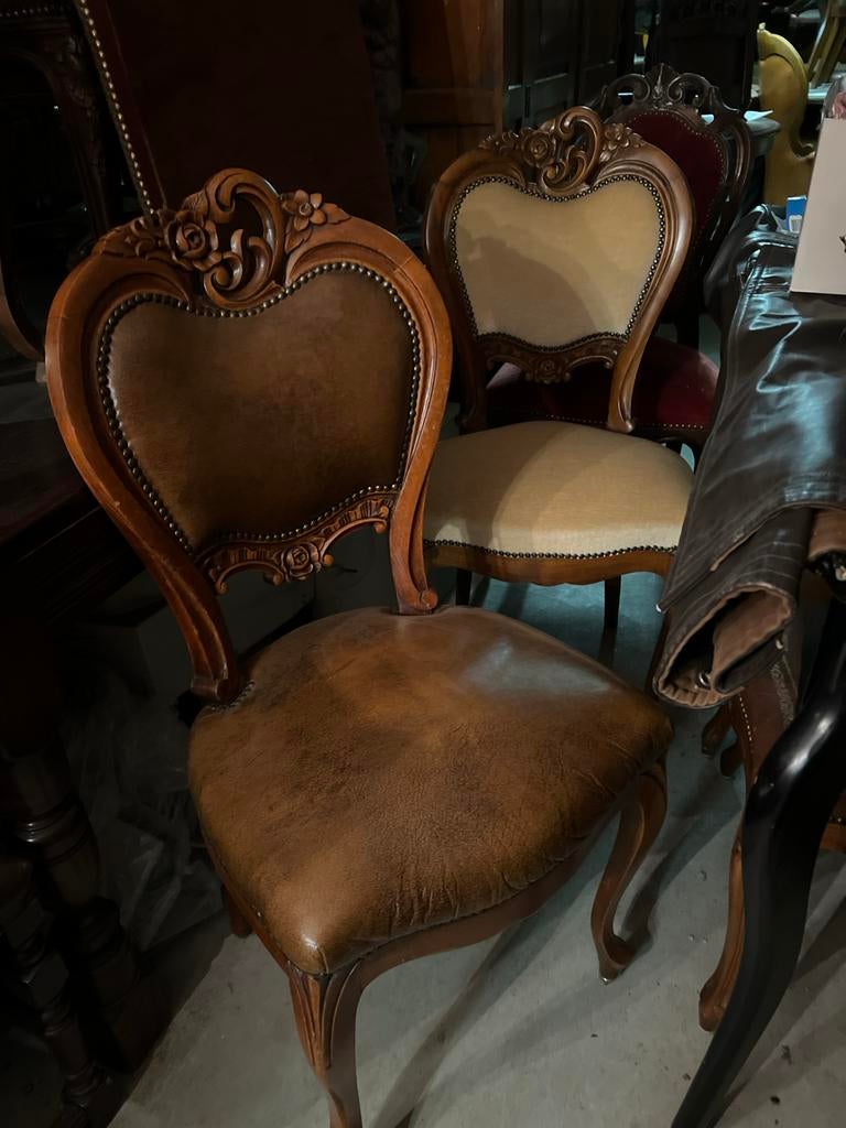 4 Barok Eetkamerstoelen - Leer en Houtsnijwerk, Ophalen