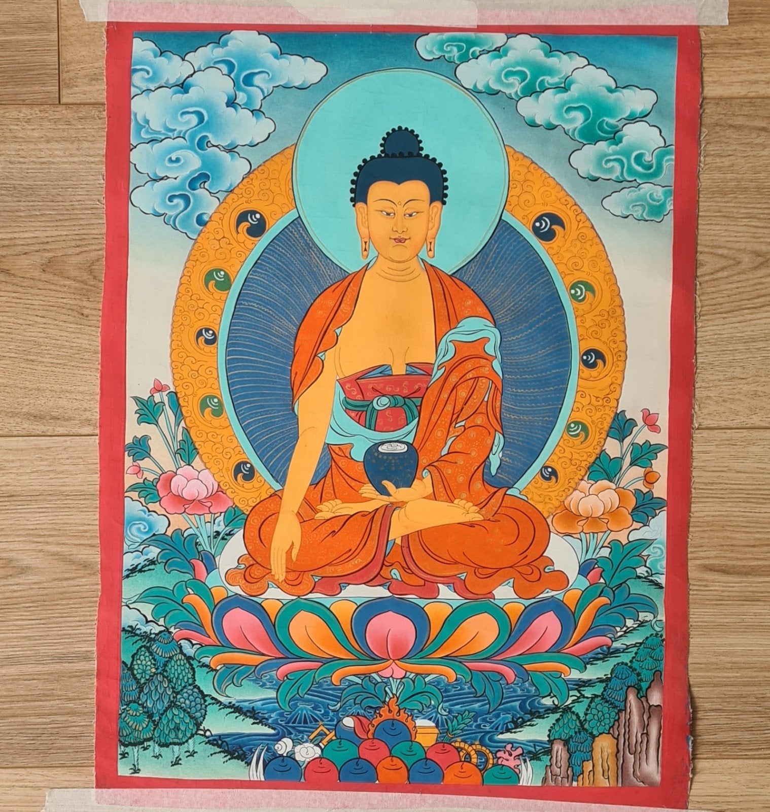 Authentieke boeddhistische thangka uit Nepal, Ophalen of Verzenden, Beeld, Handgemaakt, Natuurlijk materiaal
