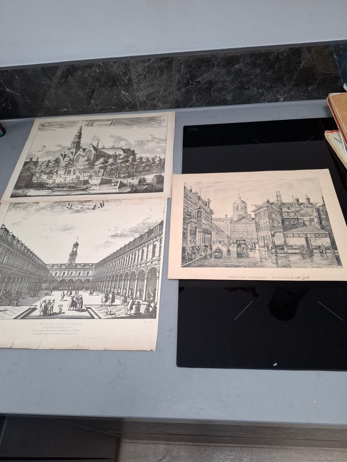 Oude Kerk en Beurs van Amsterdam - Antieke Gravures, Antiek en Kunst, 1800 - 1899, Stadsgezicht, Ophalen of Verzenden, Origineel
