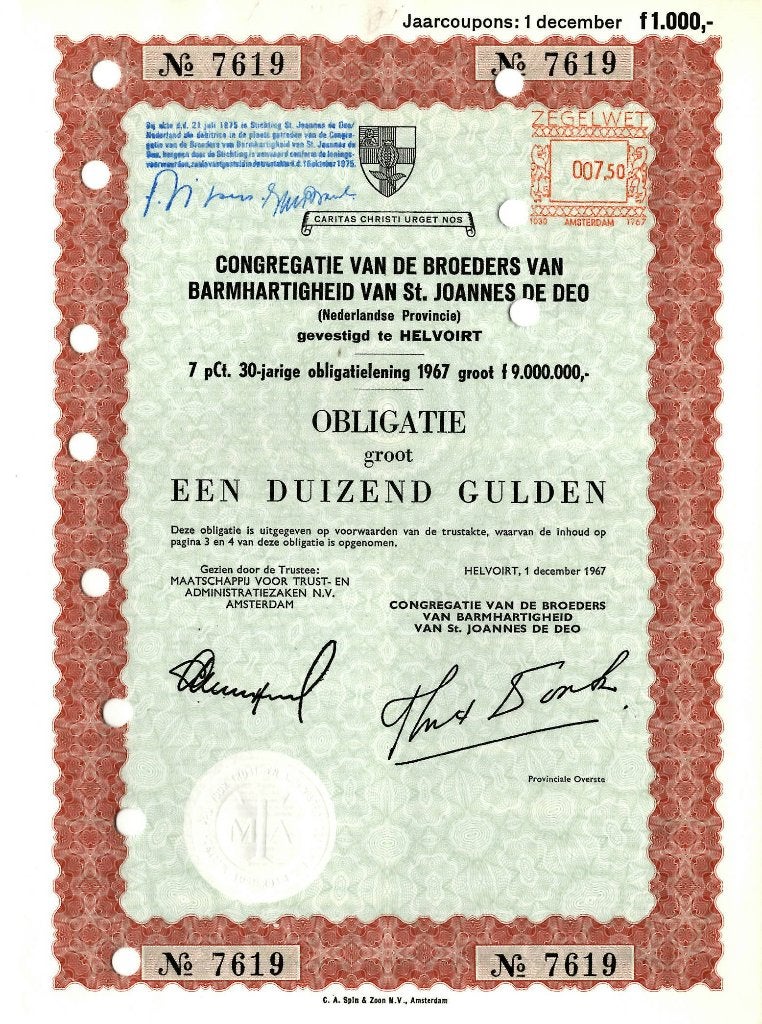 Broeders van Barmhartigheid te Helvoirt 1967 (NB), Ophalen of Verzenden, 1950 tot 1970, Obligatie of Lening