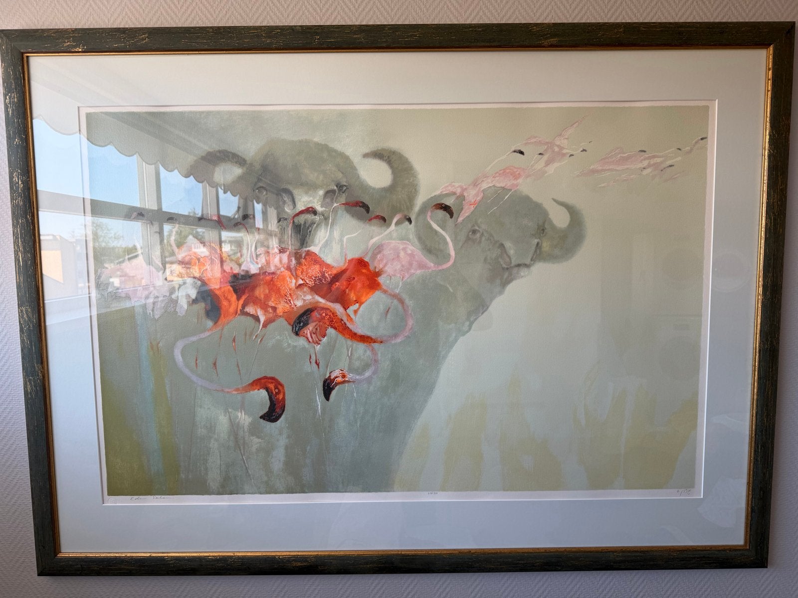 Schilderij met buffels en flamingo's, Antiek en Kunst, Doek, Realistisch, Dieren, Olieverf