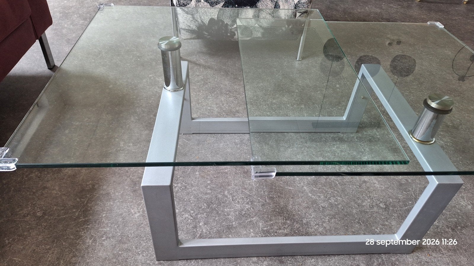 Glazen salontafel met draaibare bladen en ijzeren frame, Ophalen, Gebruikt, 100 tot 150 cm, 50 tot 100 cm