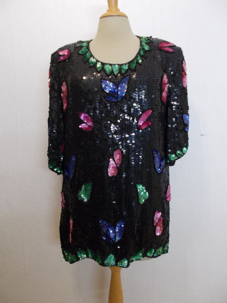 Pailletten glamour top/tuniek van designer Frank Usher! L, Verzenden, Zo goed als nieuw, Maat 42/44 (L), Zwart