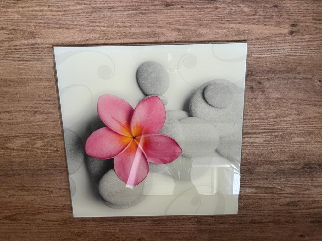 Wanddecoratie met roze bloem en stenen 50x50 cm, Gebruikt, Ophalen of Verzenden, Glas, Wandbord of Wandpaneel