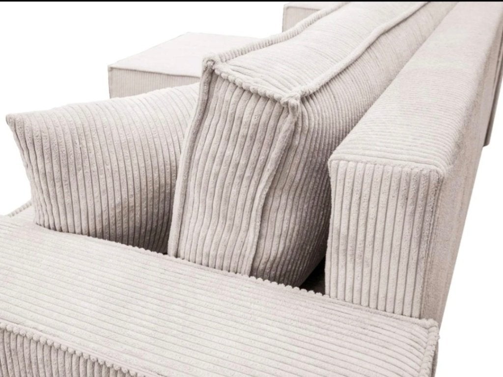 Hoekbank Ribstof kleur sand met opbergruimte, Ophalen, Zo goed als nieuw, Vierpersoons of meer, 250 tot 300 cm