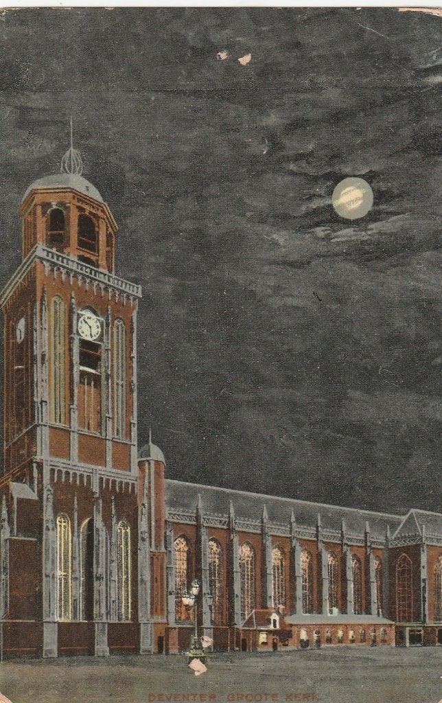 deventer- groote kerk bij nacht 1918, Ophalen of Verzenden, Voor 1920, Overijssel